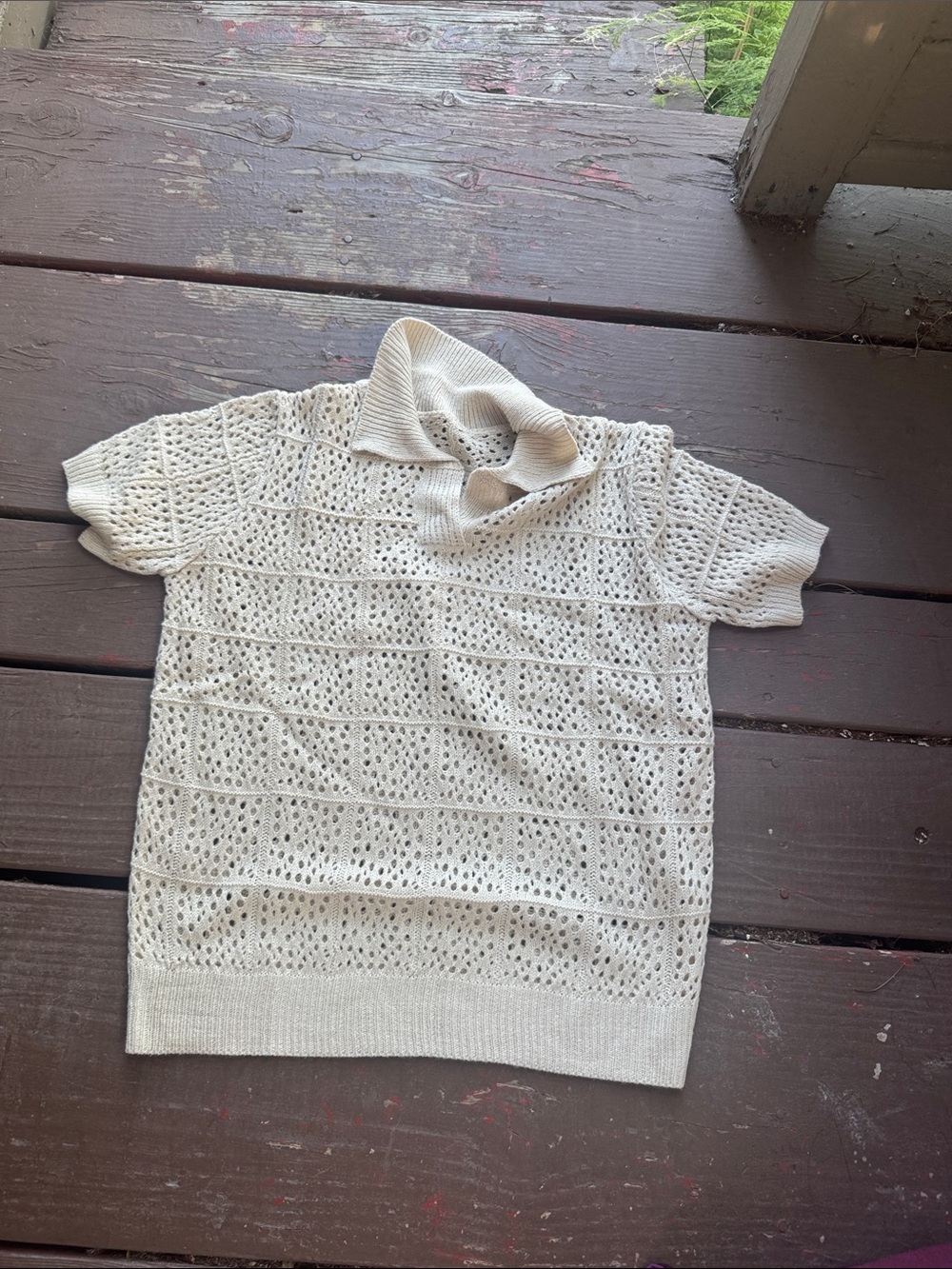 Women's Cream Open-Knit Short-Sleeve Sweater Top with Cowl Neck